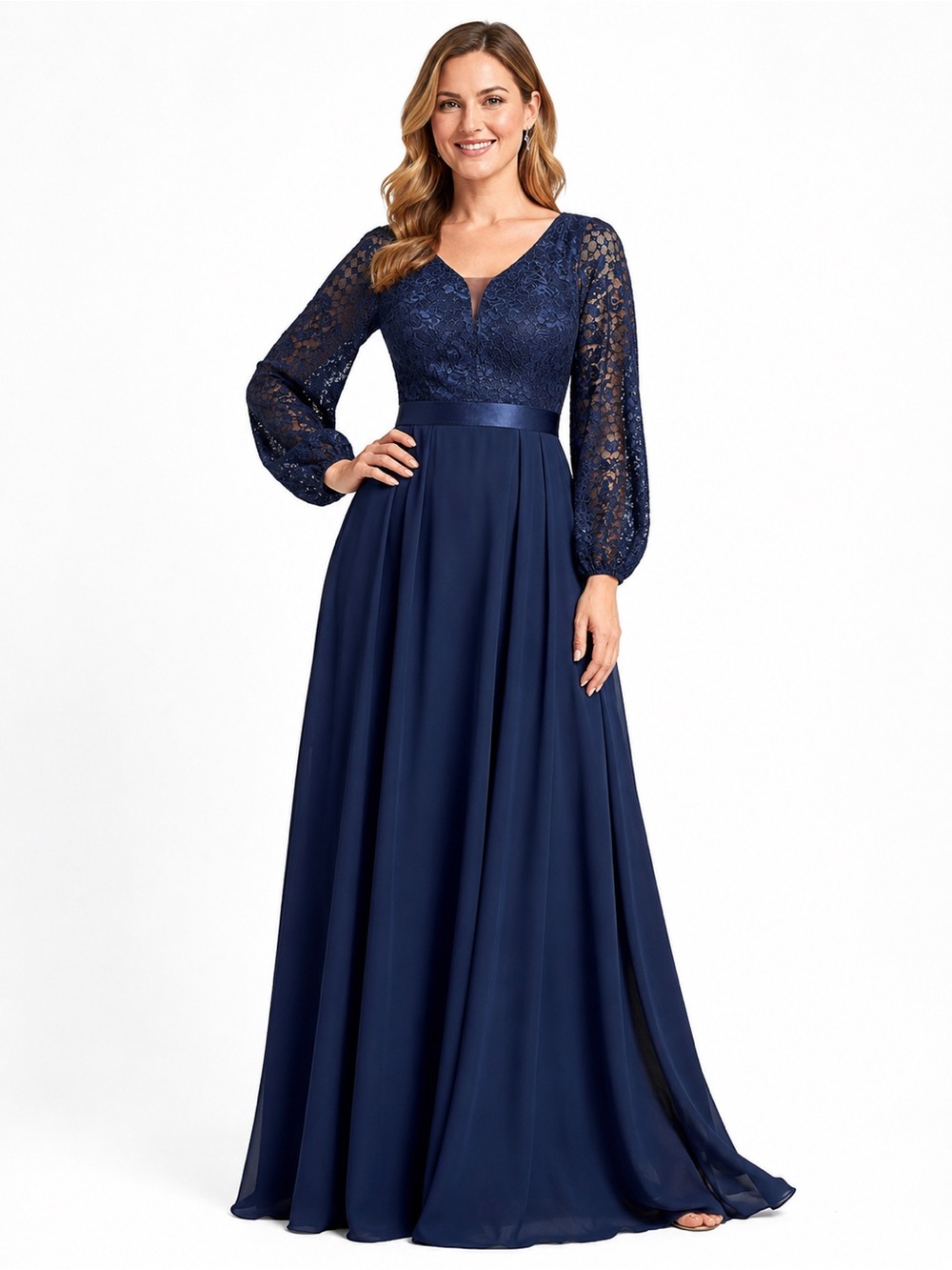 Miusol Navy Lace V-Neck Long Maxi Dress